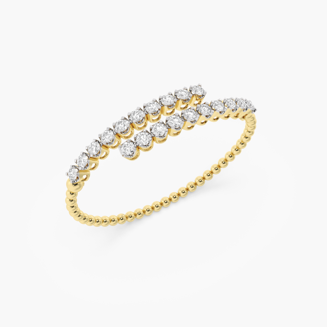 Close-up of the 21 lab grown diamonds on the 3.39 carat bangle in 18KT yellow gold