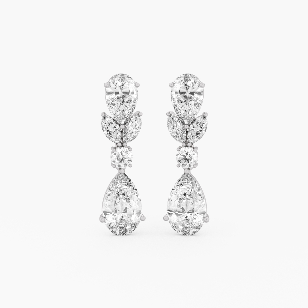 7.37 carat lab grown diamond drop earrings in 14KT white gold, front view