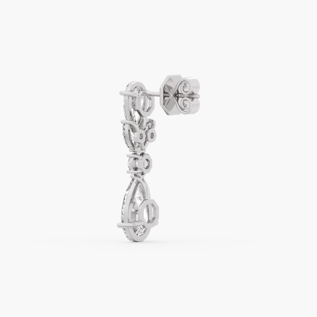 7.37 carat lab grown diamond drop earrings in 14KT white gold, worn on model
