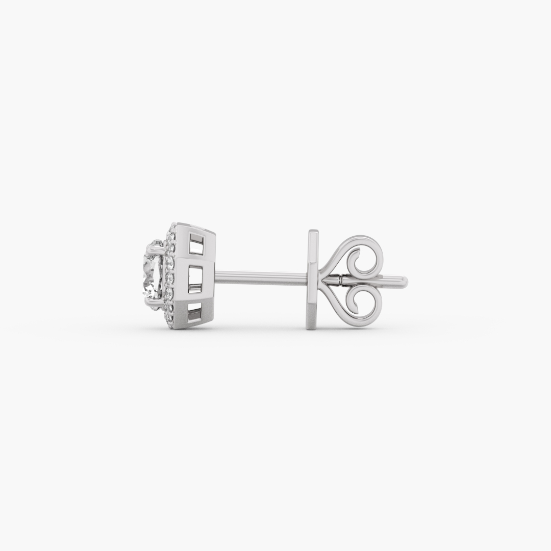 Close-up of the 42 lab grown diamonds on the 0.93 carat stud earrings in 18KT white gold