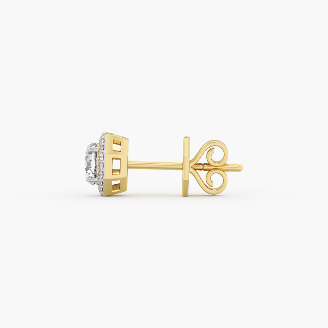 Close-up of the 42 lab grown diamonds on the 0.91 carat stud earrings in 14KT yellow gold