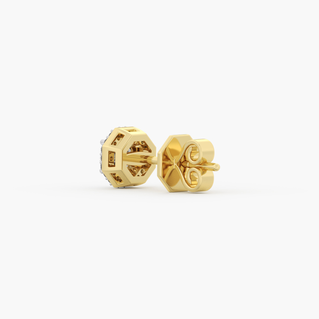 0.91 carat lab grown diamond stud earrings in 14KT yellow gold, worn on model