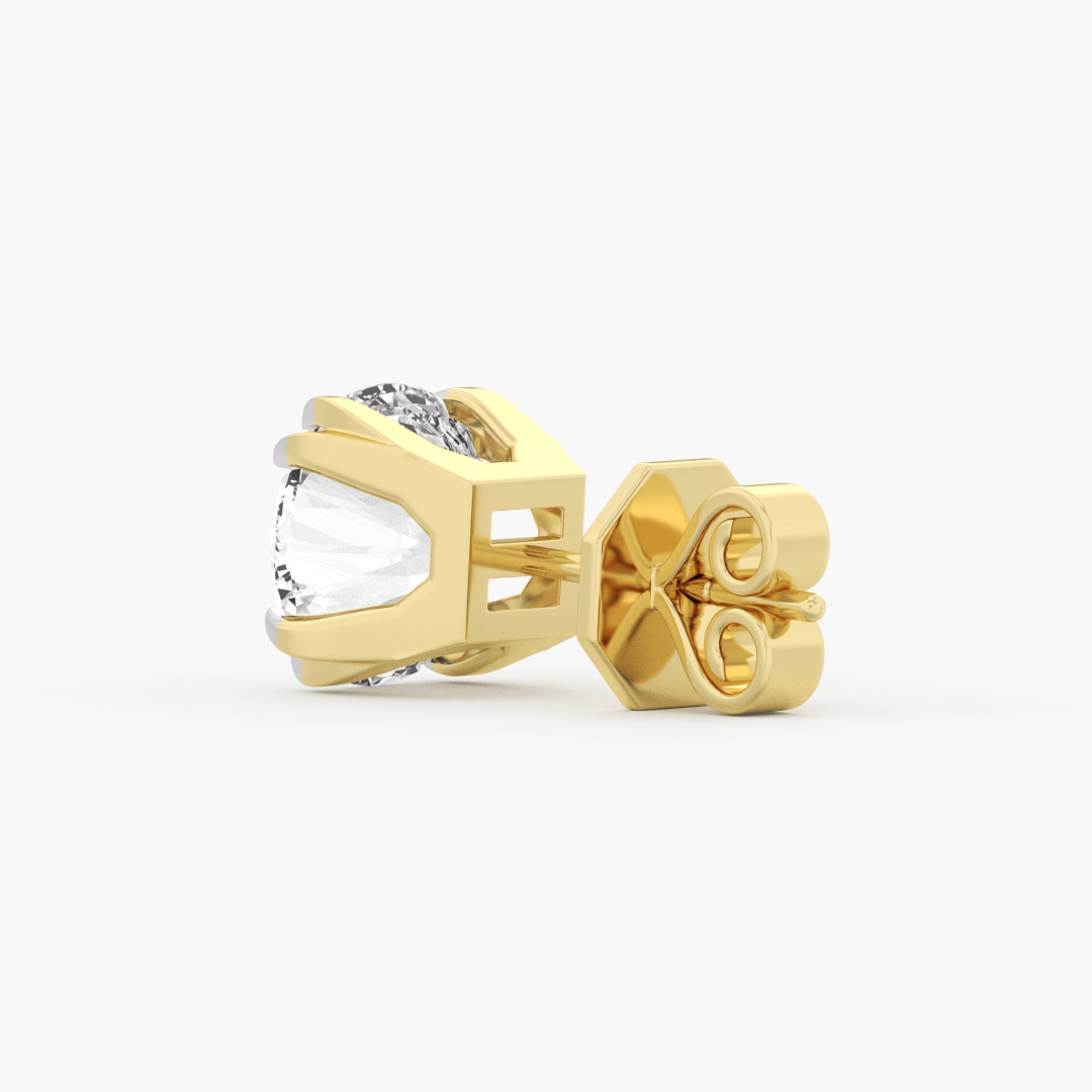 8.10 carat lab grown diamond stud earrings in 18KT yellow gold, worn on model