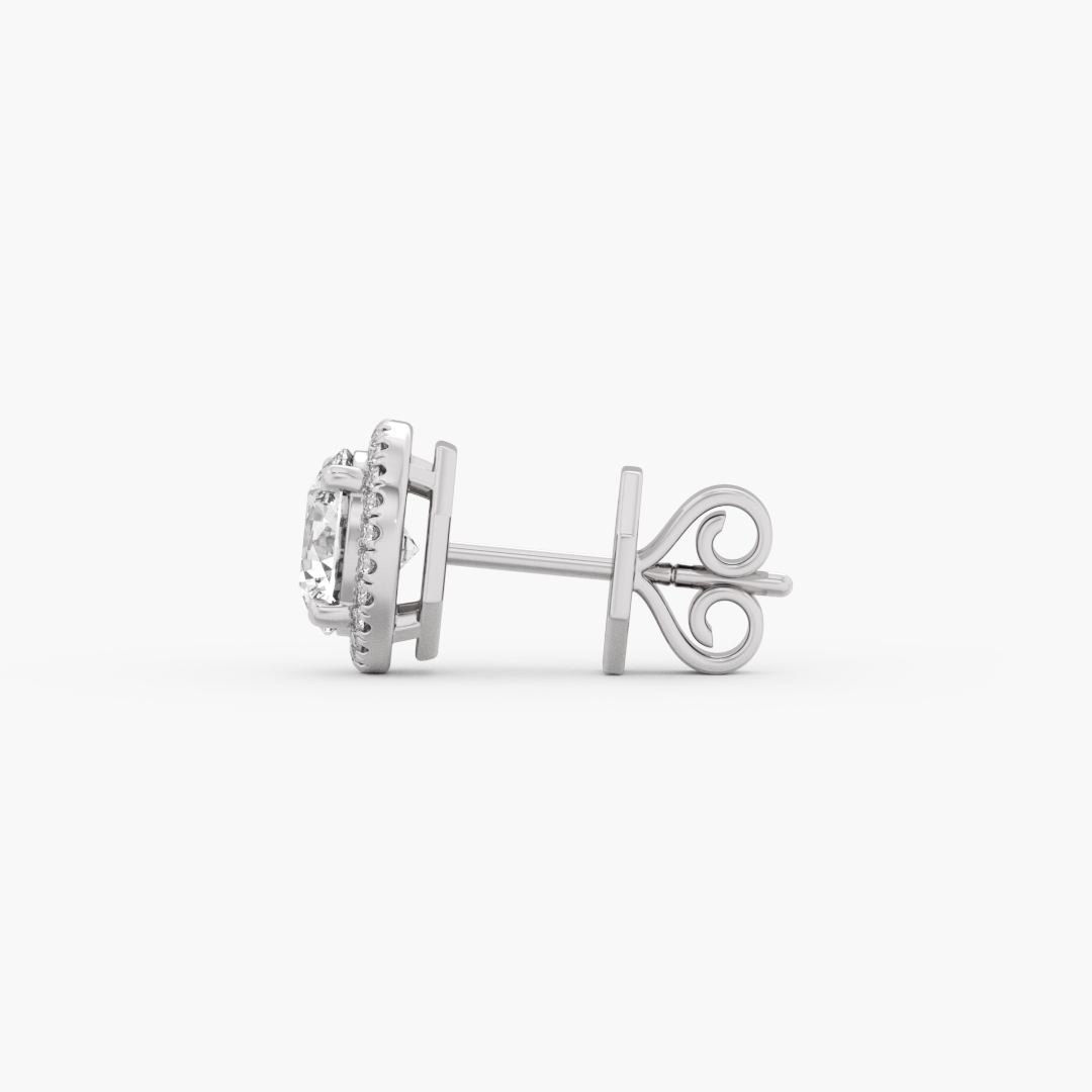 Close-up of the 48 lab grown diamonds on the 2.22 carat stud earrings in 14KT white gold