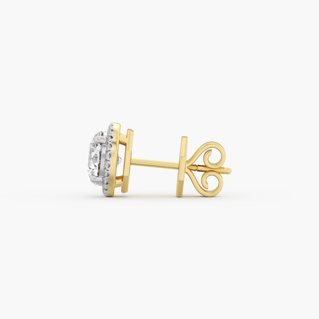 Close-up of the 48 lab grown diamonds on the 2.17 carat stud earrings in 14KT yellow gold