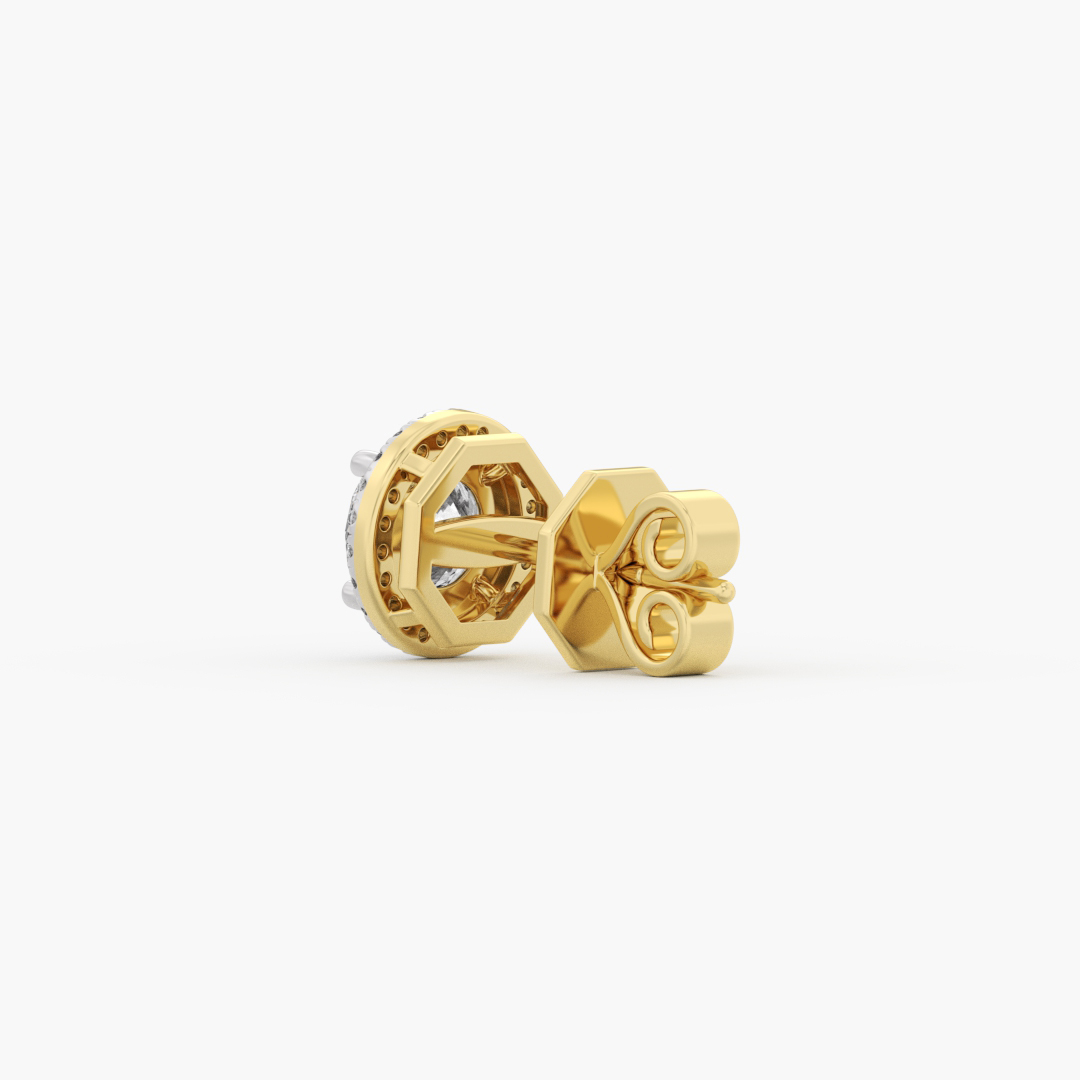 2.17 carat lab grown diamond stud earrings in 14KT yellow gold, worn on model