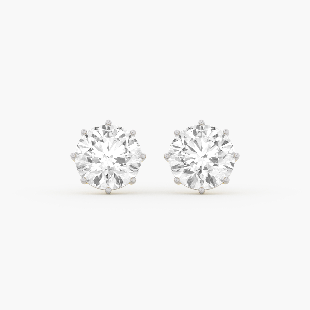 10.01 carat round brilliant lab grown diamond stud earrings in 18KT yellow gold, front view