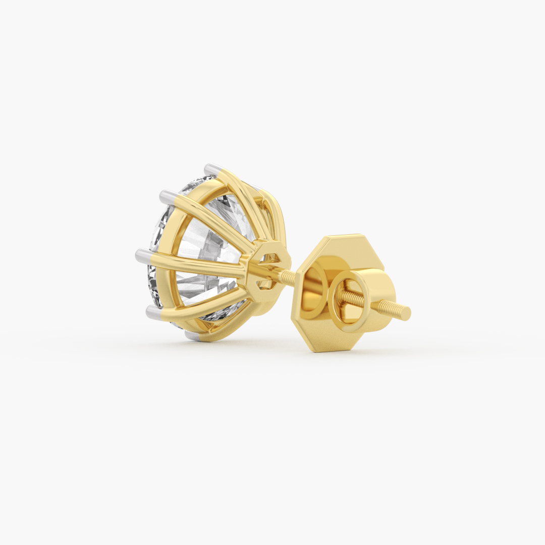 10.01 carat lab grown diamond stud earrings in 18KT yellow gold, worn on model