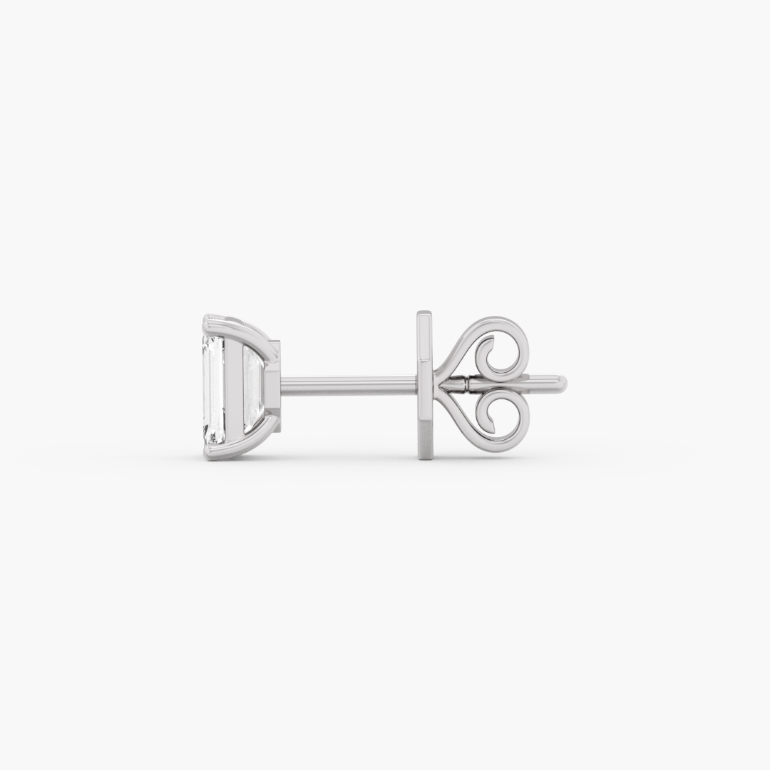 Close-up of the 2 lab grown diamonds on the 0.97 carat solitaire stud earrings in 14KT white gold