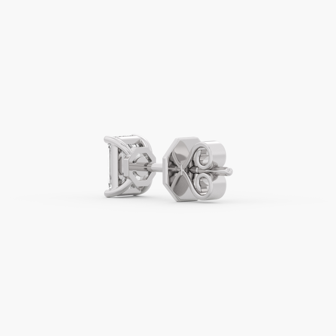 0.97 carat lab grown diamond solitaire stud earrings in 14KT white gold, worn on model