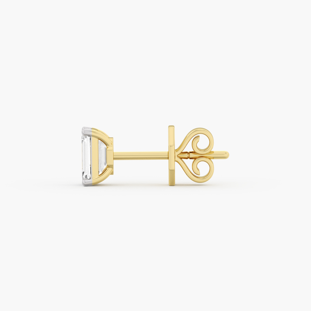Close-up of the 2 lab grown diamonds on the 1.04 carat solitaire stud earrings in 14KT yellow gold