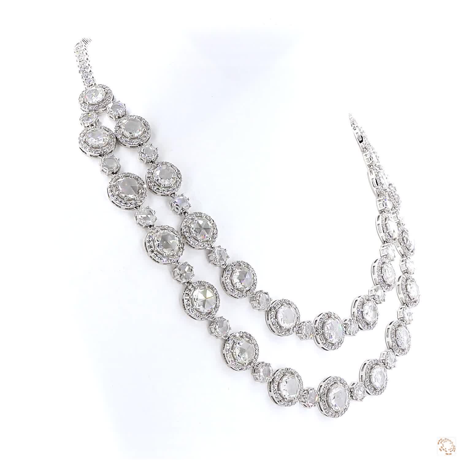 49.40 carat lab grown diamond necklace in 14KT white gold, worn on model