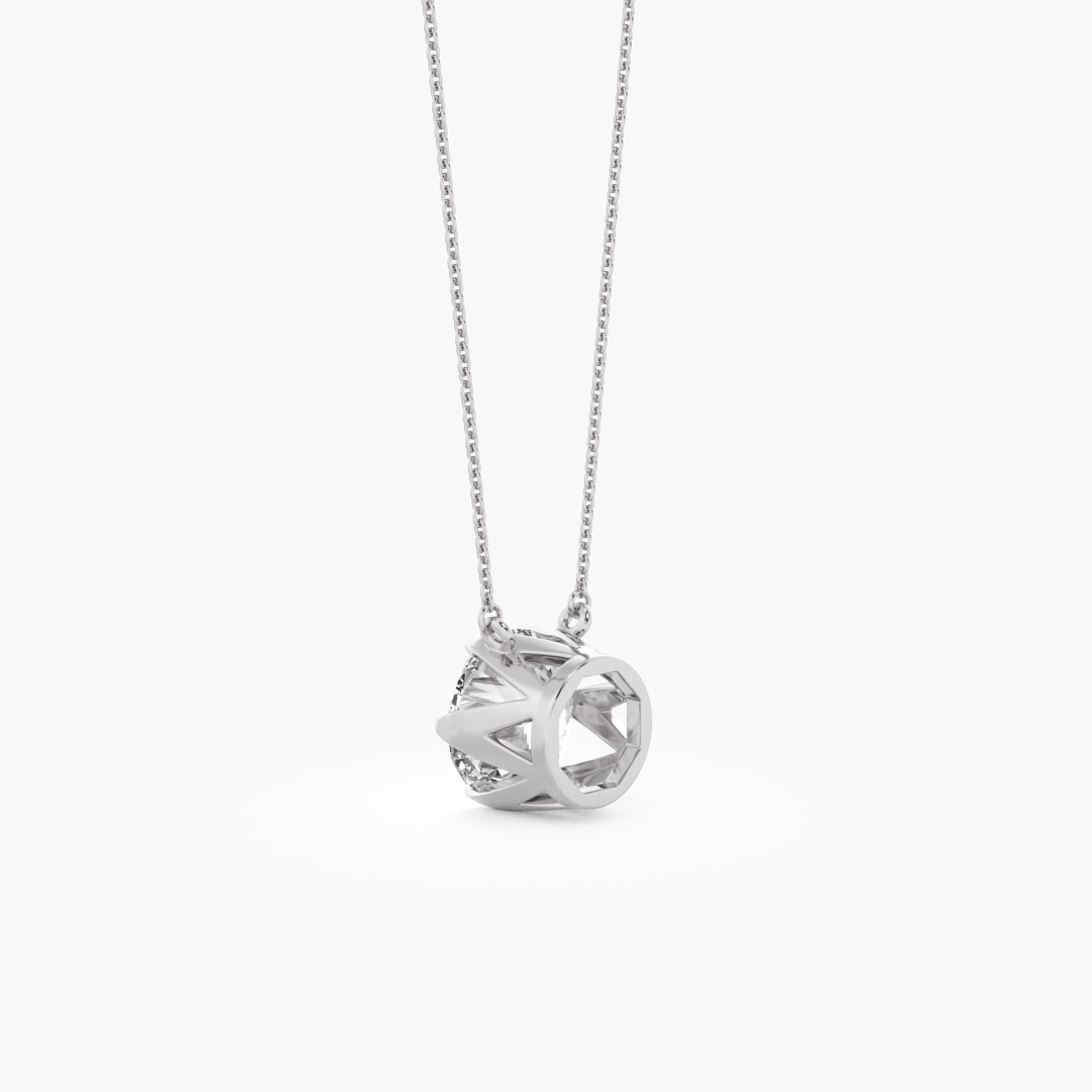 2.01 carat lab grown diamond solitaire pendant in 14KT white gold, worn on model
