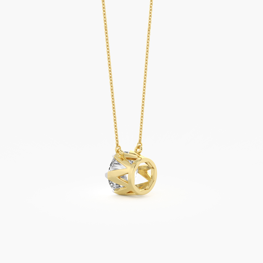 2.10 carat lab grown diamond solitaire pendant in 18KT yellow gold, worn on model