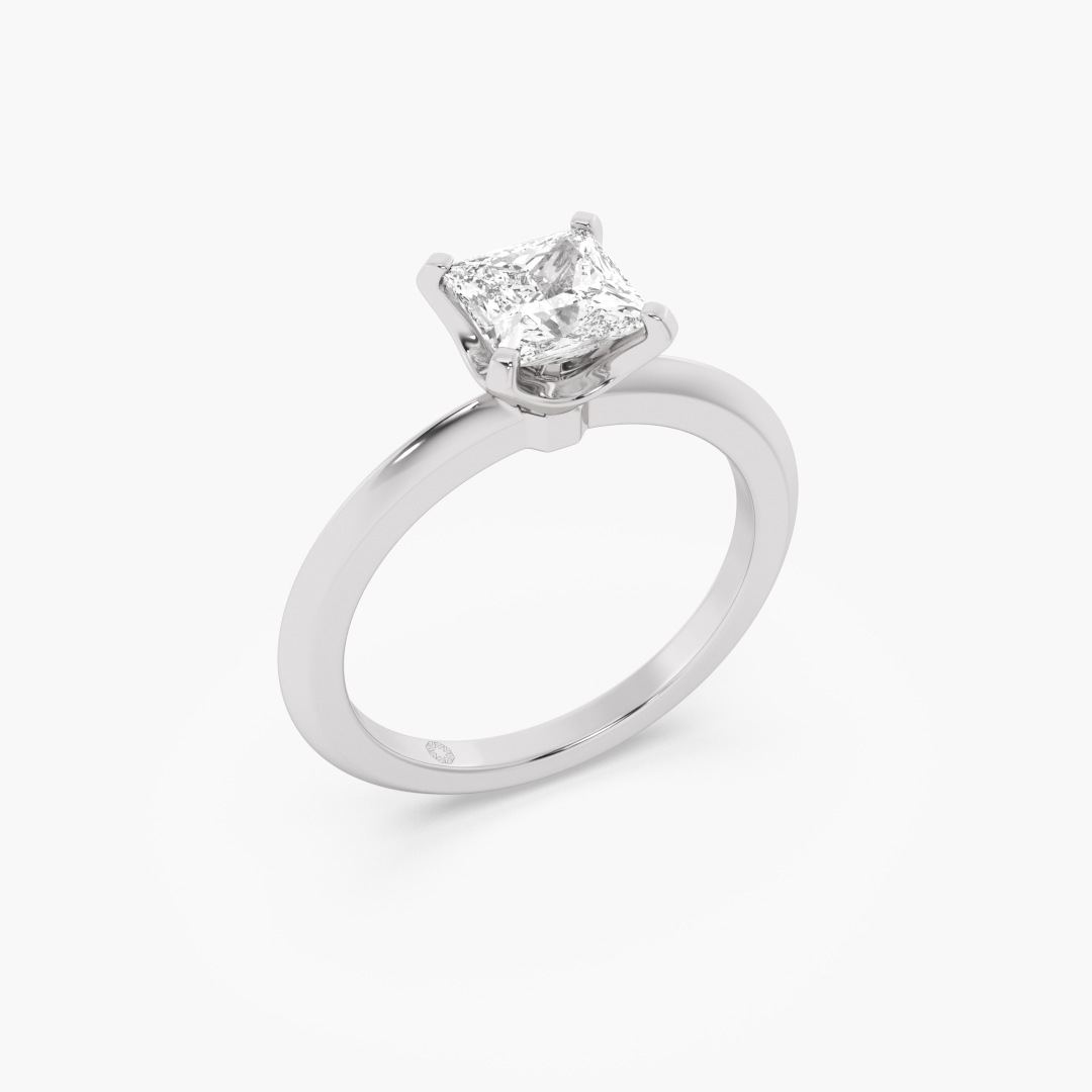 1.03 carat lab grown diamond solitaire ring in 18KT white gold, worn on model